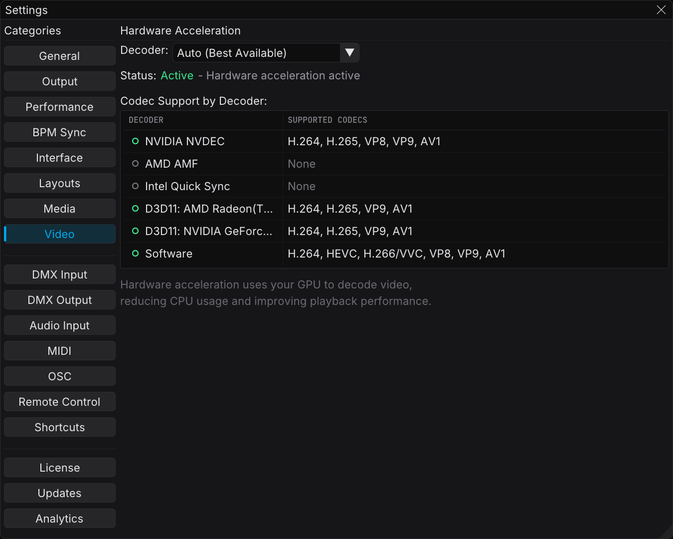 Video settings tab with the live video devices and the hardware decoder selection