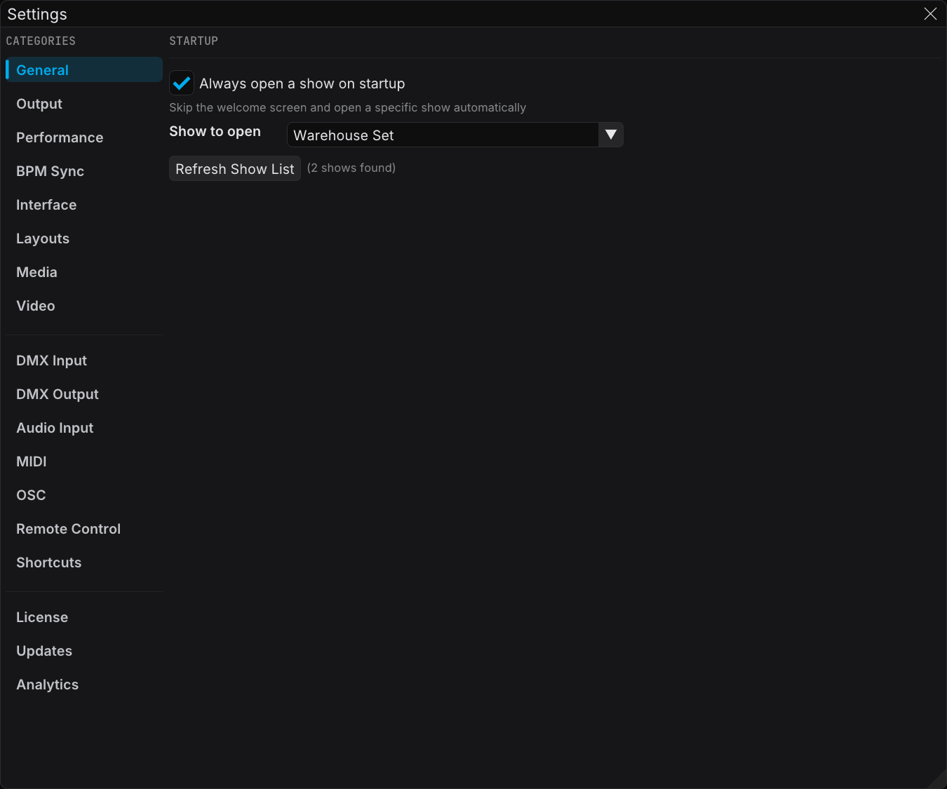 The FXCanvas Settings window with its category sidebar