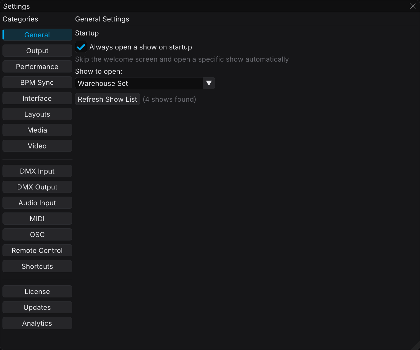 The FXCanvas Settings window with its category sidebar