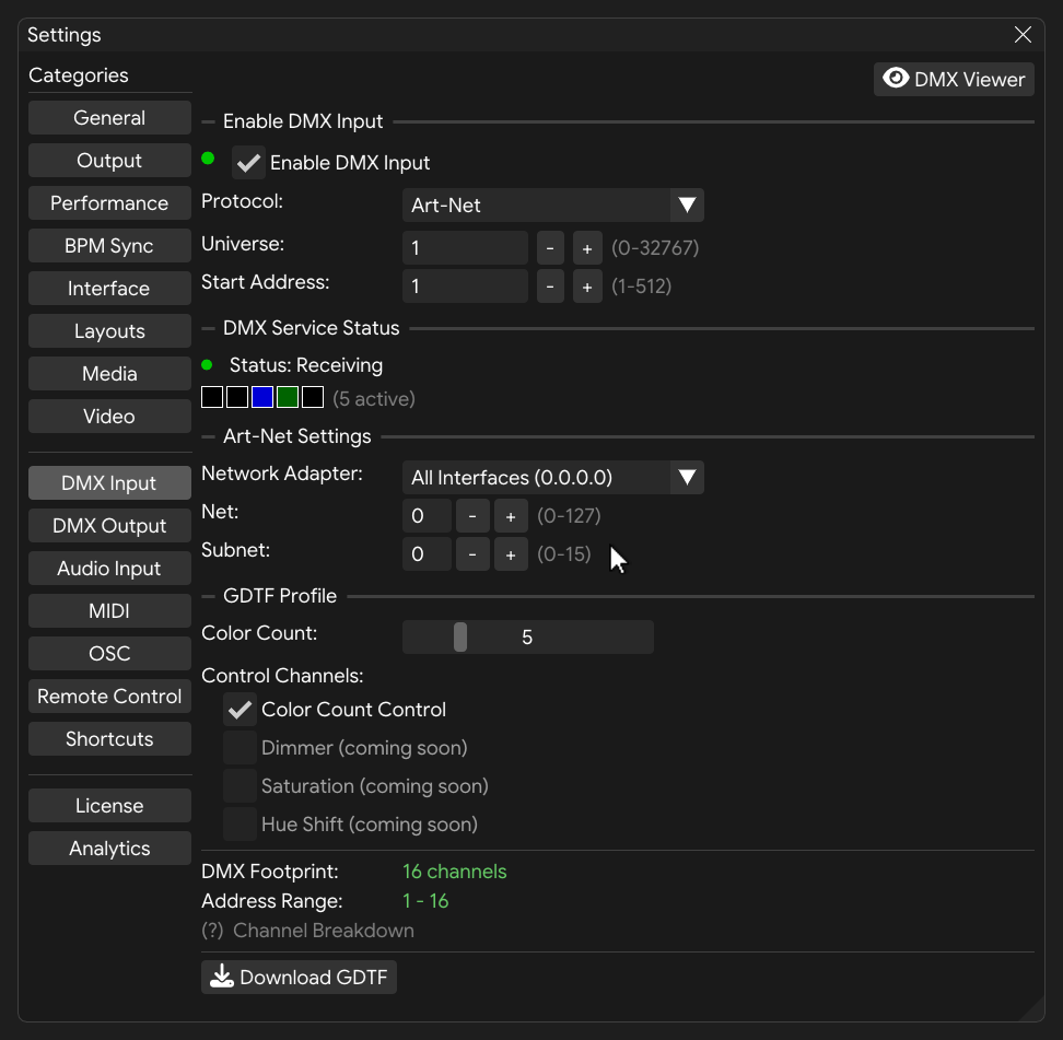 DMX Input settings tab with Art-Net configuration