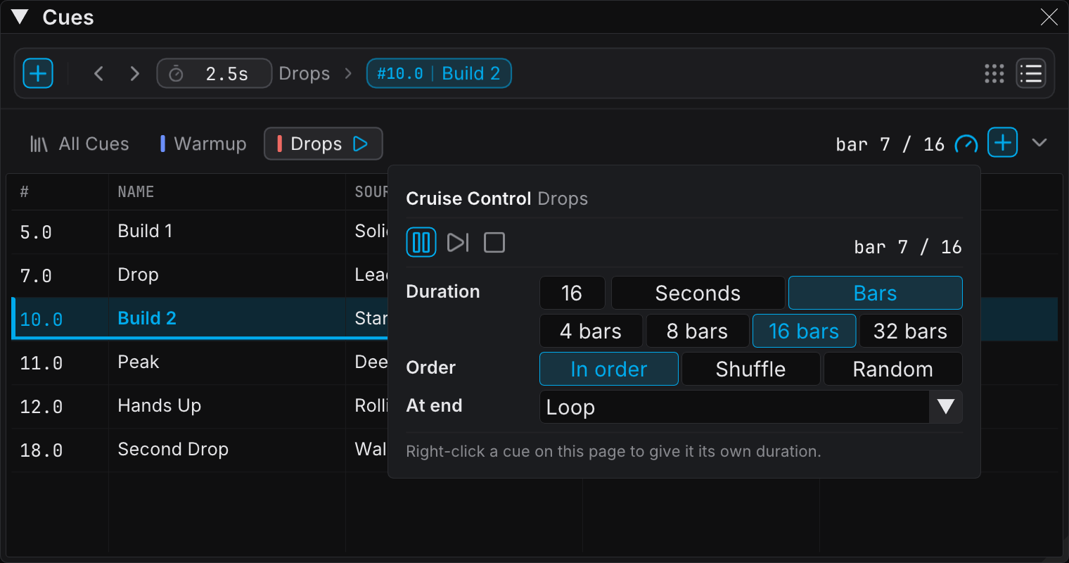 The Drops page cruising, with the Cruise Control menu open and the countdown on the live cue