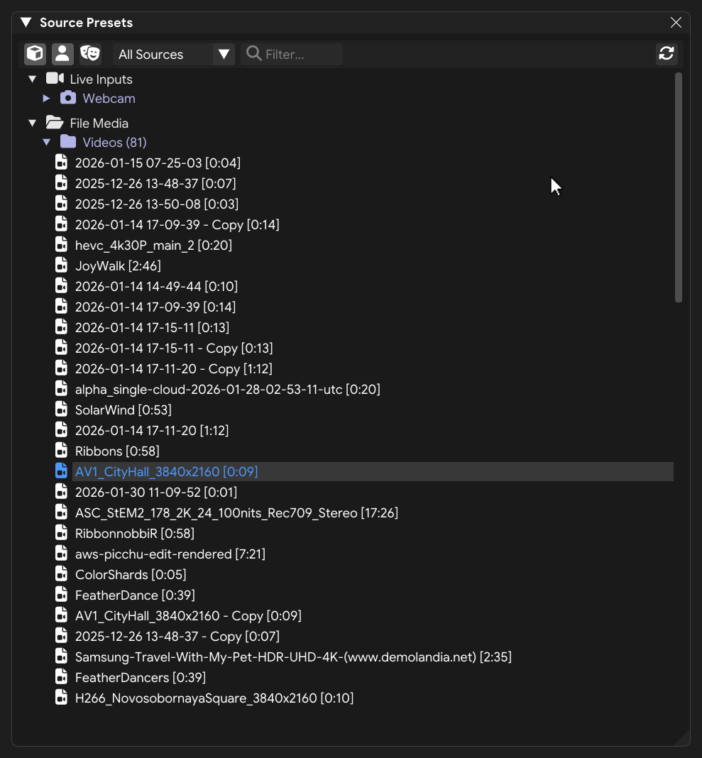 Source Presets panel showing file media