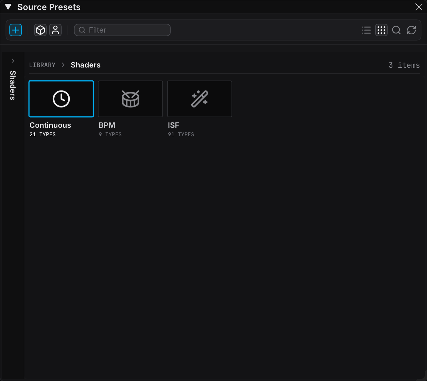 The Source Presets panel in Browser view, with one collapsed rail and the Shaders folder open