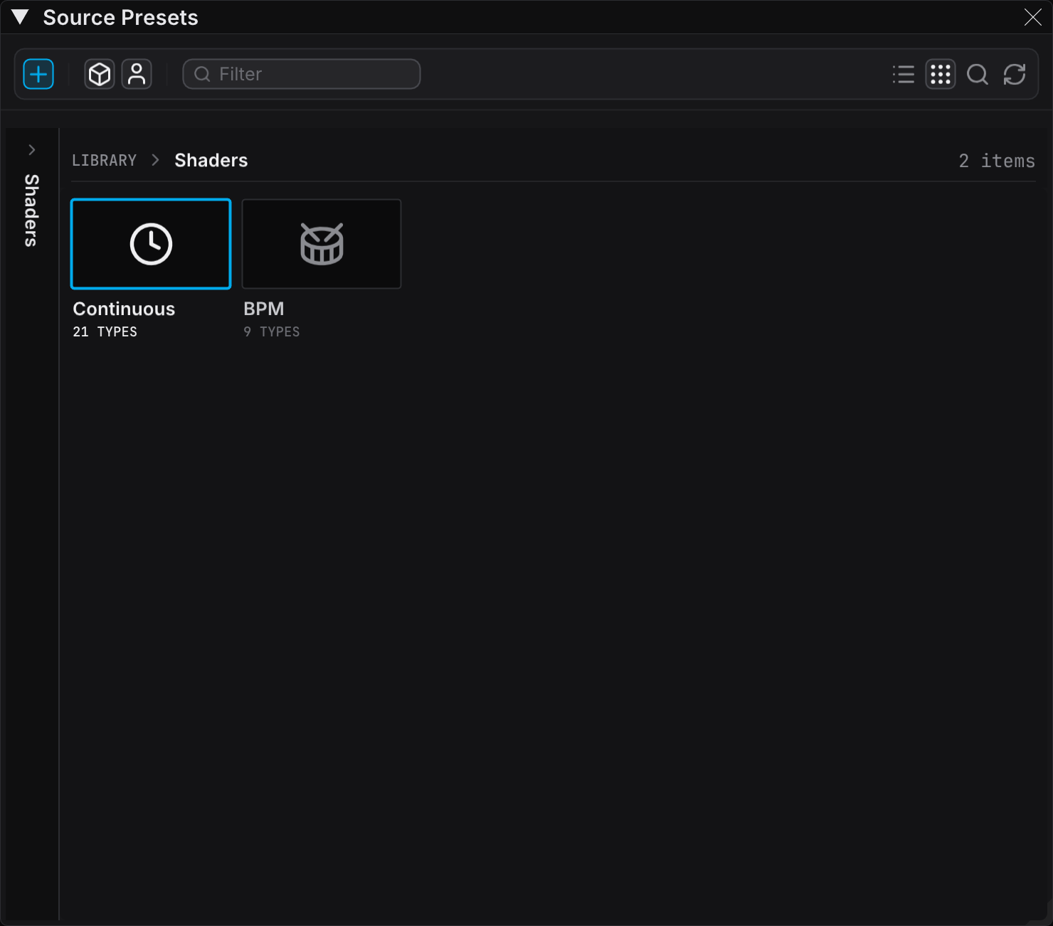The Source Presets panel in Browser view, with one collapsed rail and the Shaders folder open