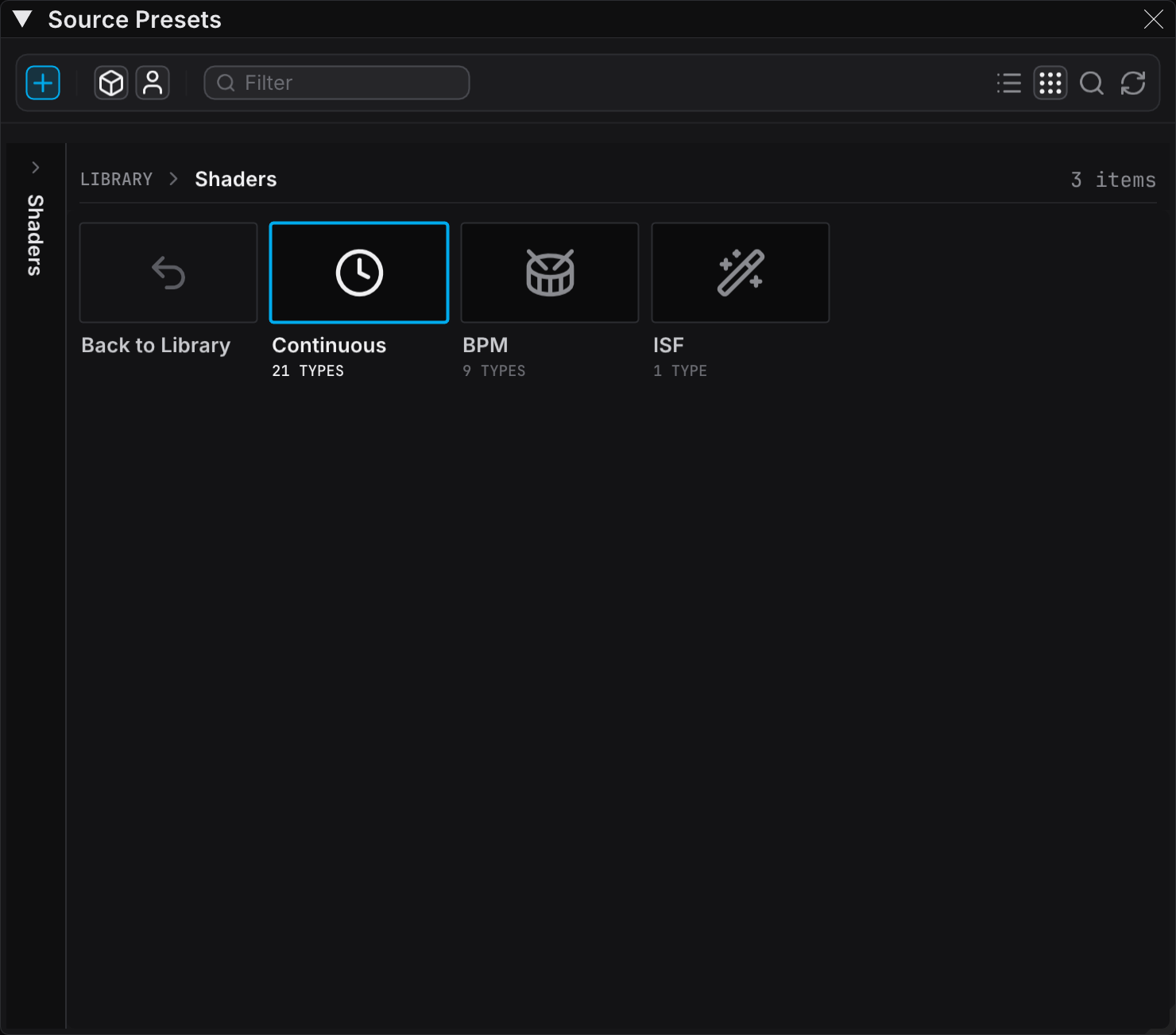The Source Presets panel in Browser view, with one collapsed rail and the Shaders folder open