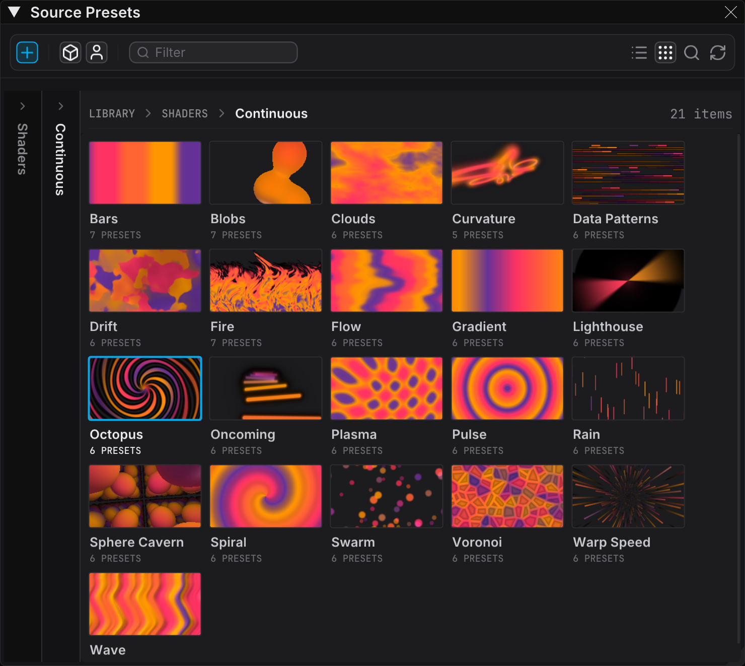The Source Presets panel in Browser view, with two collapsed rails and an open source type level