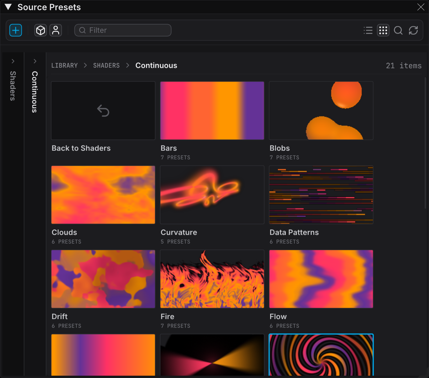 The Source Presets panel in Browser view, with two collapsed rails and an open source type level
