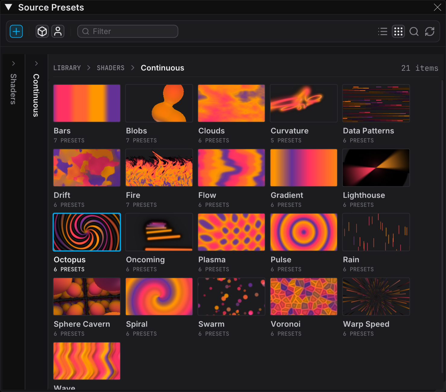 The Source Presets panel in Browser view, with two collapsed rails and an open source type level