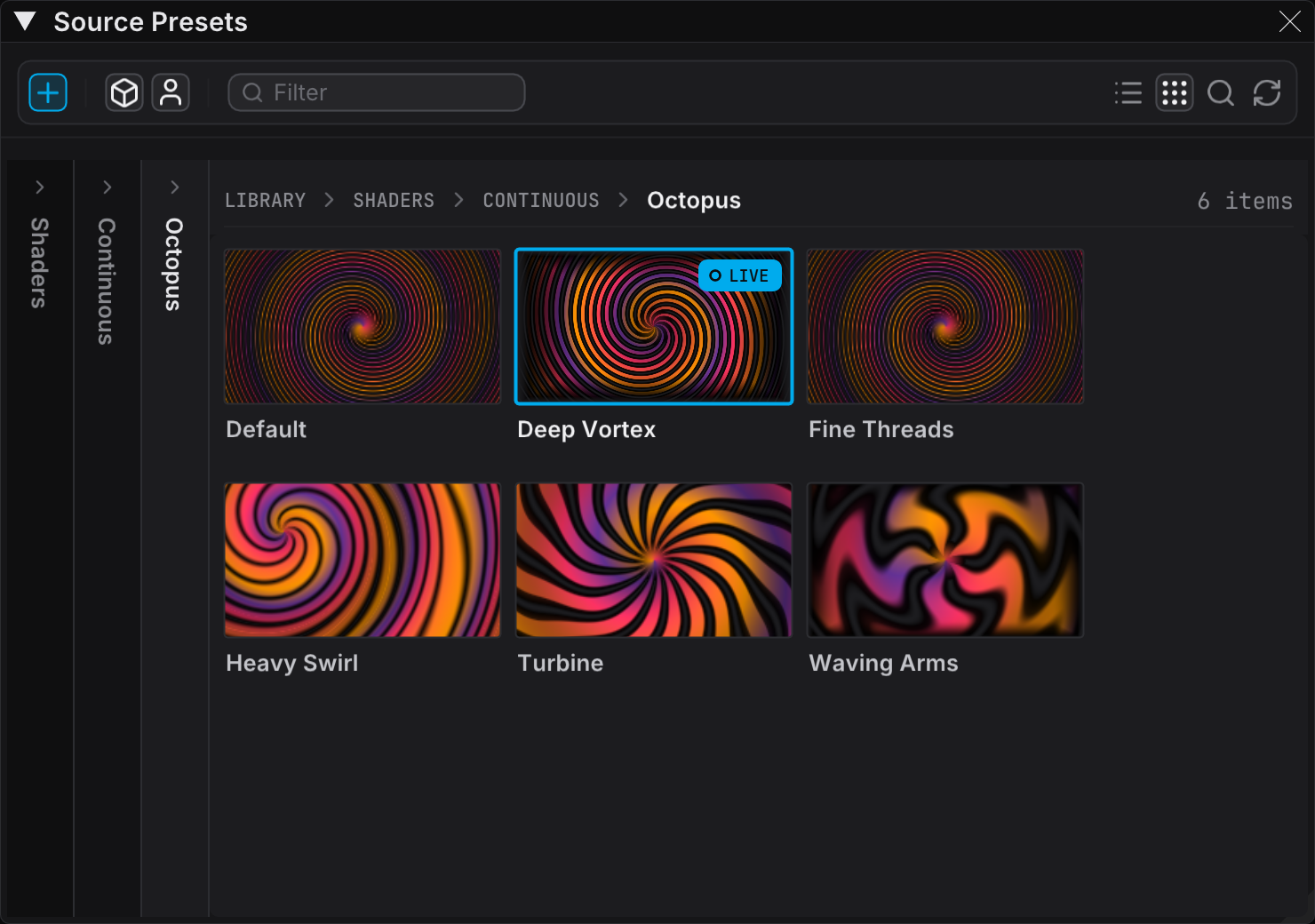 The Source Presets panel in Browser view, with a grid of preset tiles and the live tile marked