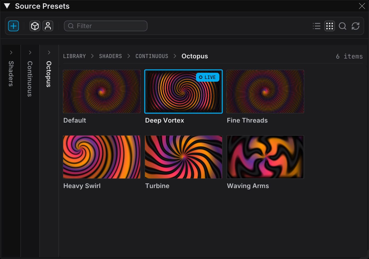 The Source Presets panel in Browser view, with a grid of preset tiles and the live tile marked