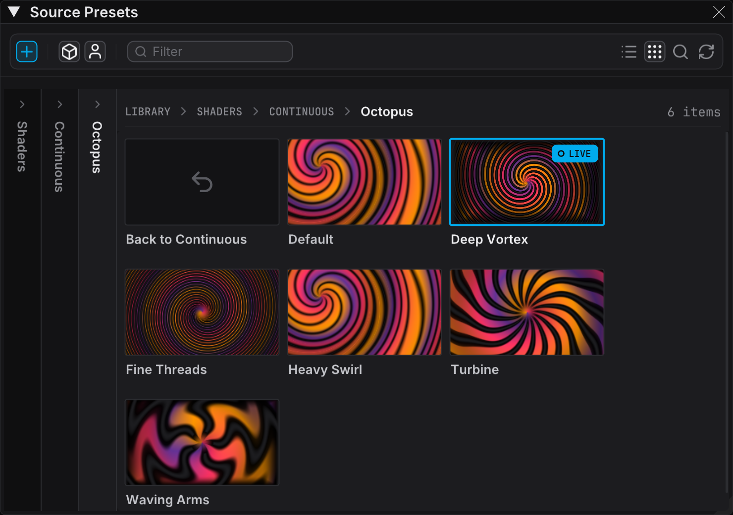The Source Presets panel in Browser view, with a grid of preset tiles and the live tile marked