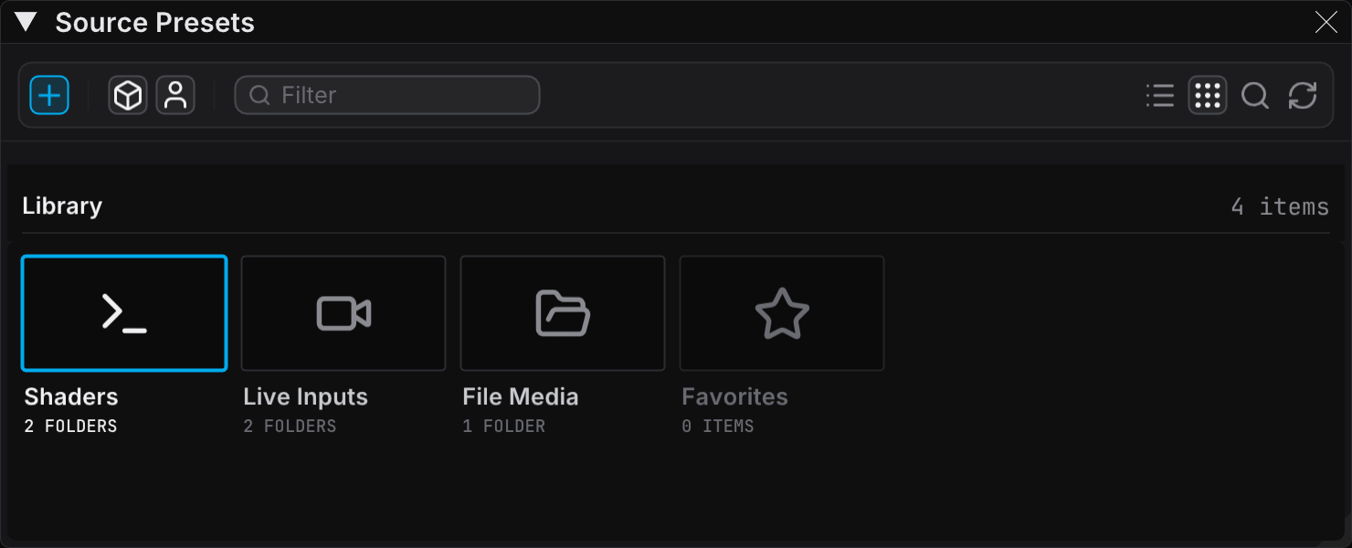 The Source Presets panel in Browser view, with the top level of the library as folder tiles
