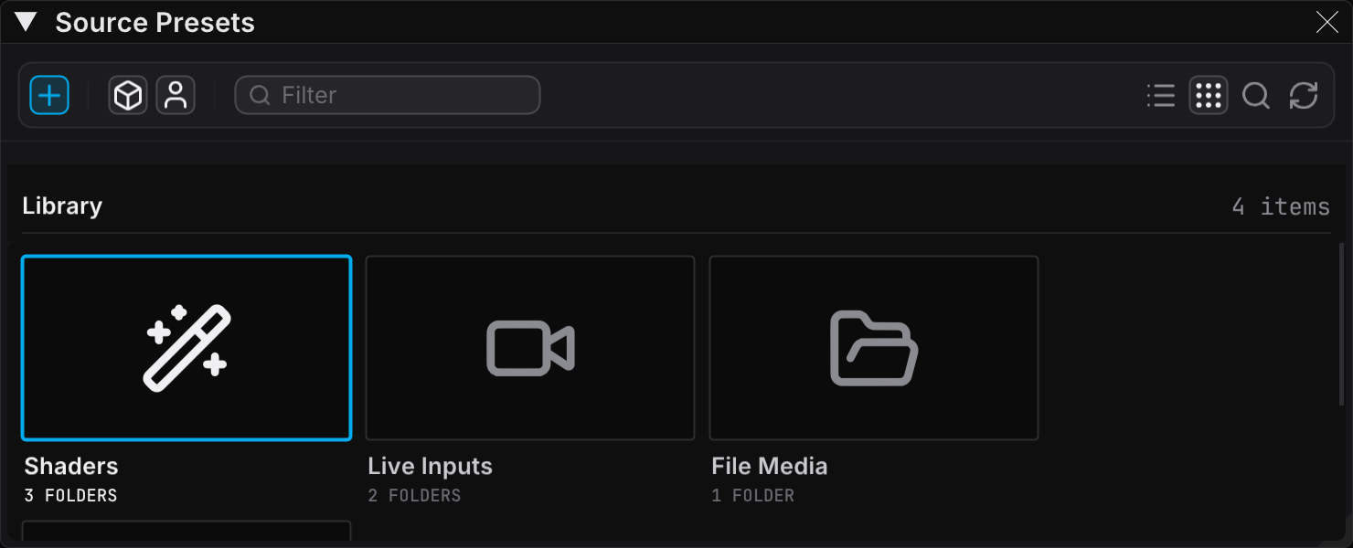The Source Presets panel in Browser view, with the top level of the library as folder tiles