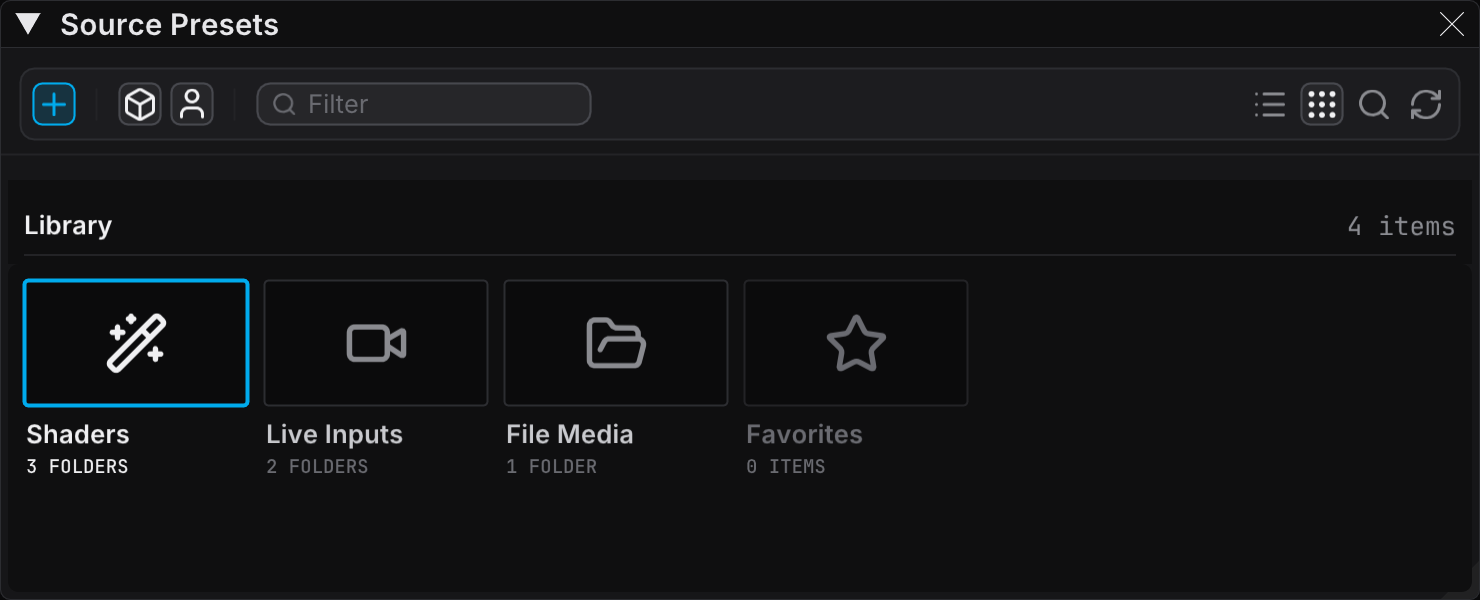 The Source Presets panel in Browser view, with the top level of the library as folder tiles