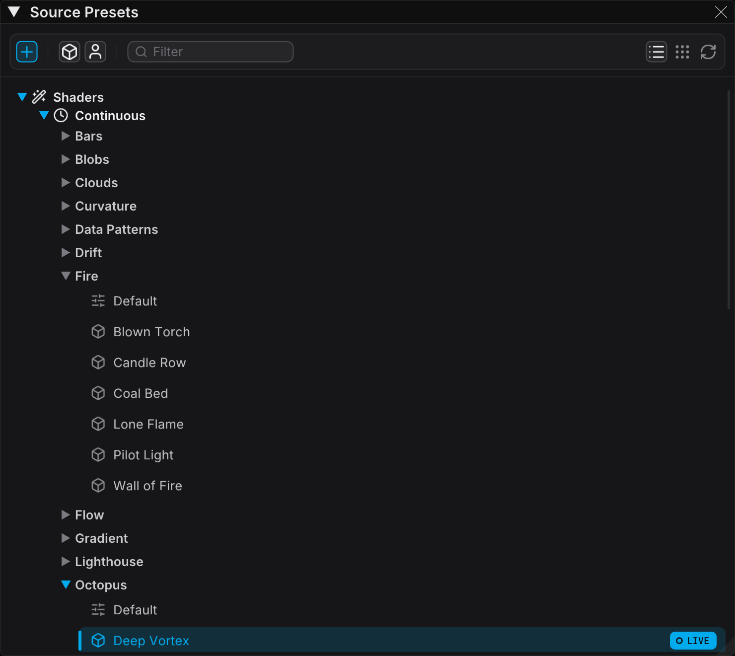 The Source Presets panel, with the shader tree and a loaded preset