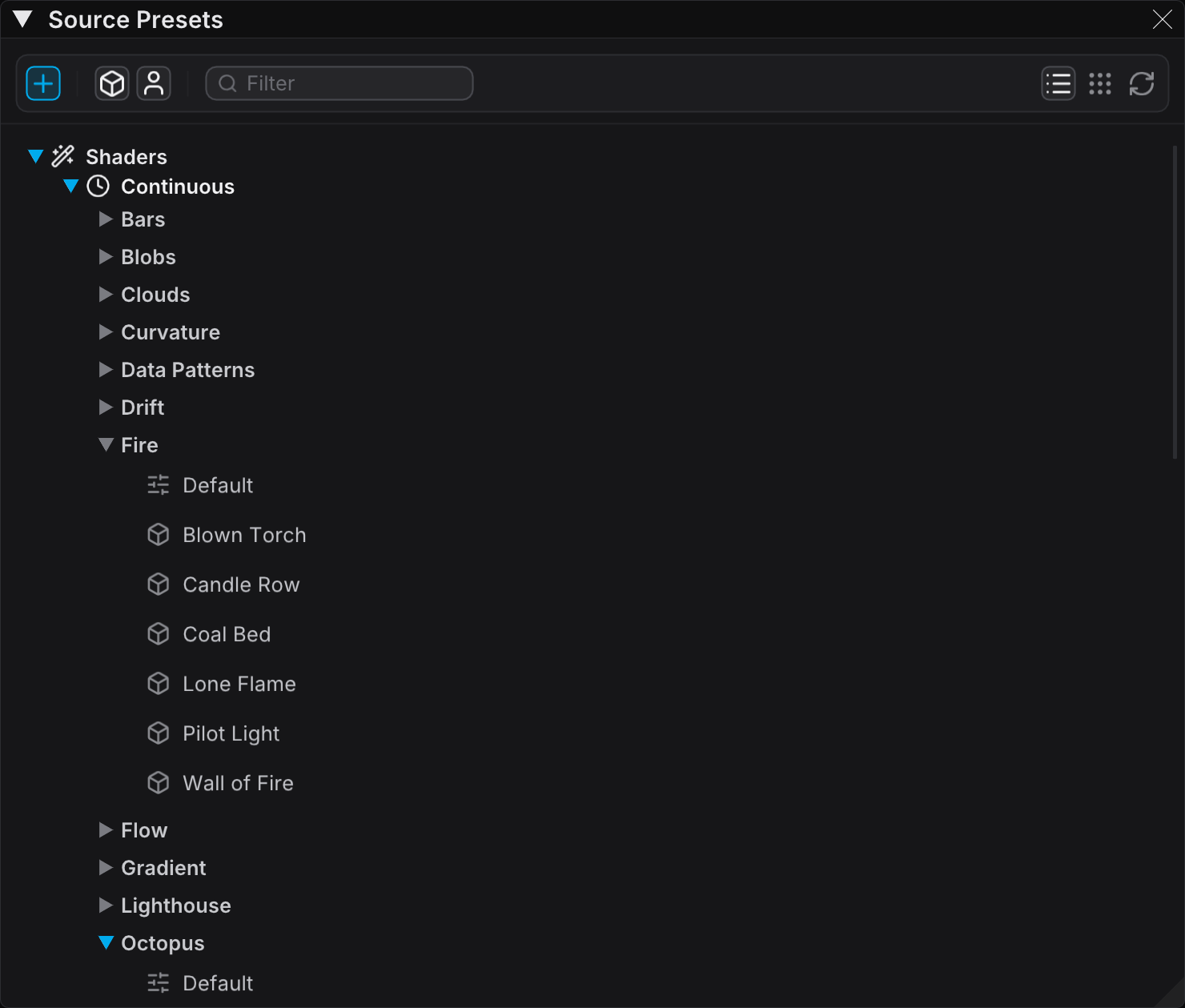 The Source Presets panel, with the shader tree and a loaded preset