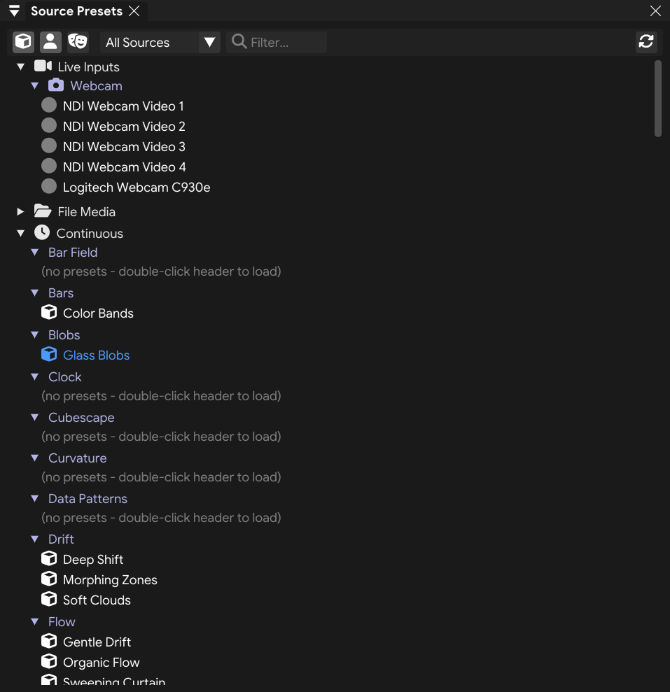 Source Presets panel