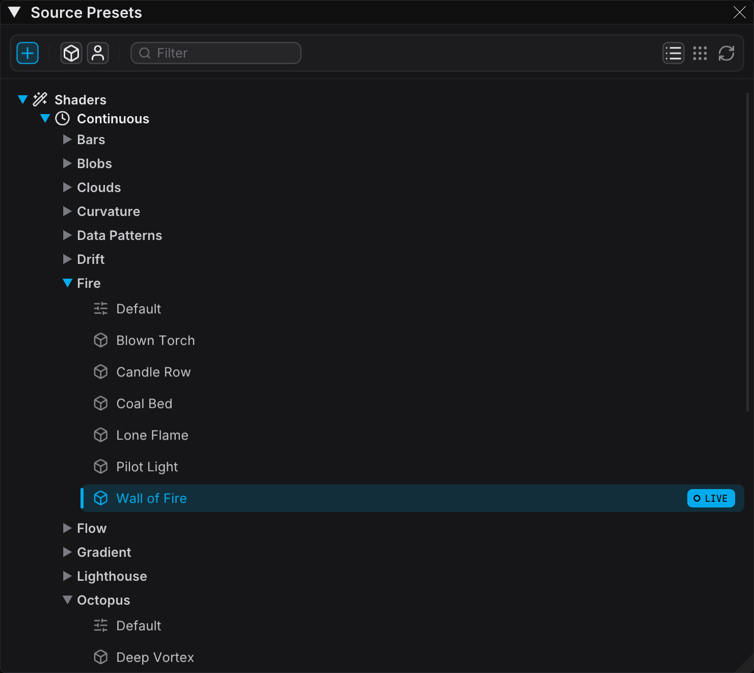 Source Presets panel with the type hierarchy and preset icons