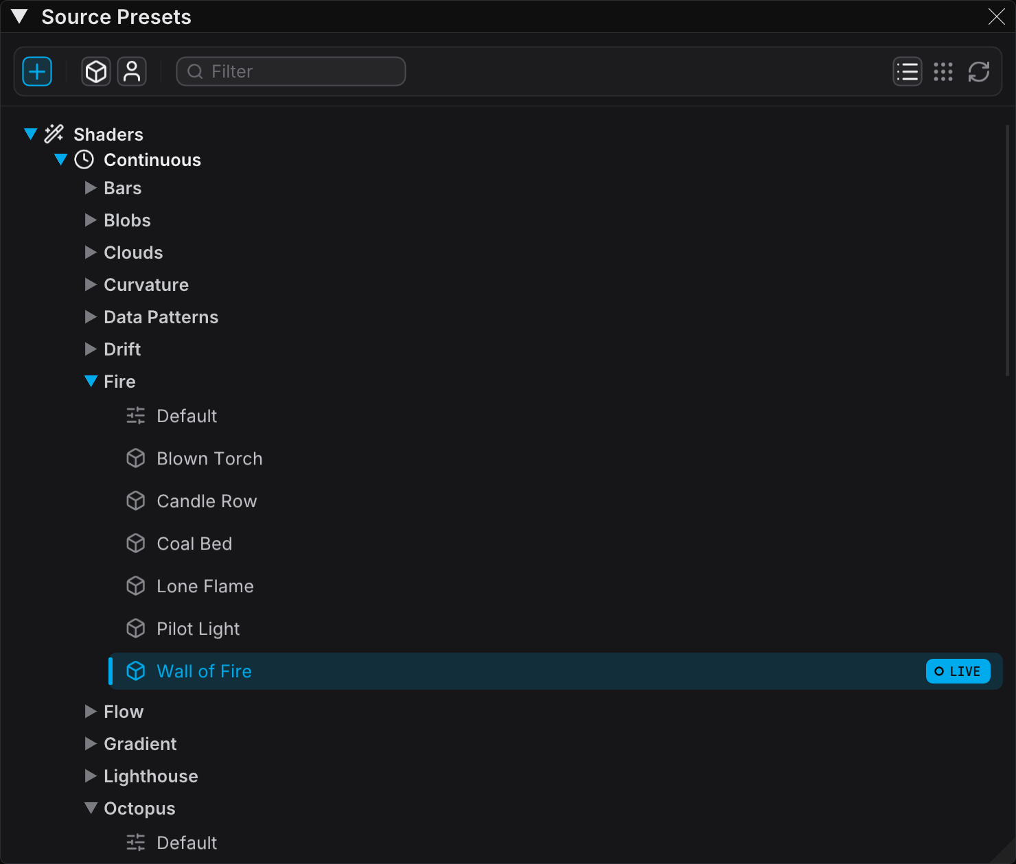 Source Presets panel with the type hierarchy and preset icons