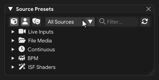 Source Presets panel expanded showing type hierarchy and preset icons