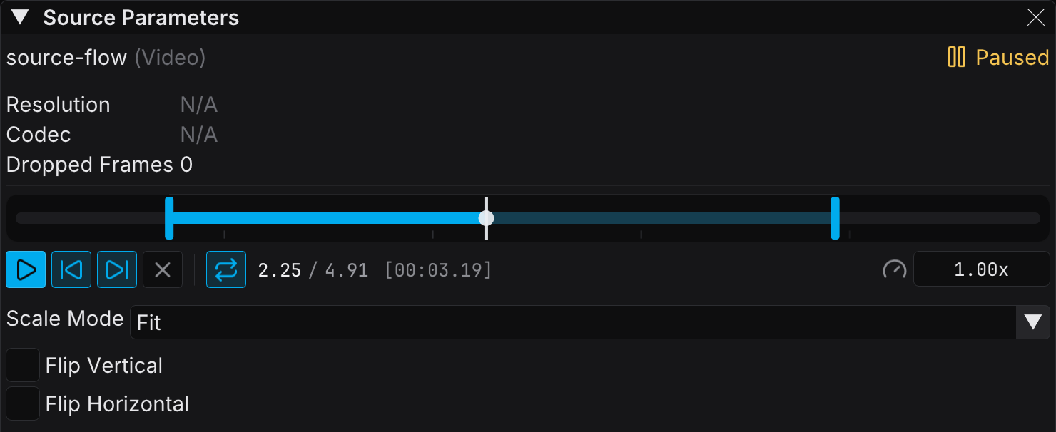 Source Parameters panel with the media transport bar — timeline with loop range, play/skip buttons, loop toggle, time readout, and speed