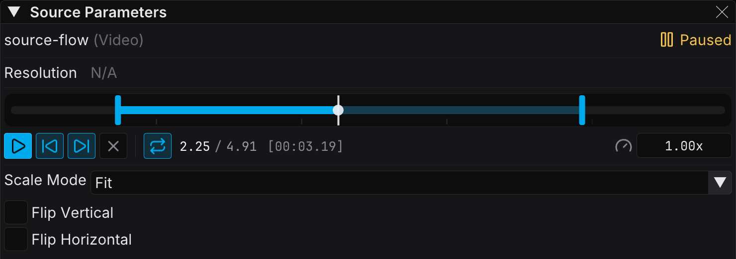 Source Parameters panel with the media transport bar — timeline with loop range, play/skip buttons, loop toggle, time readout, and speed