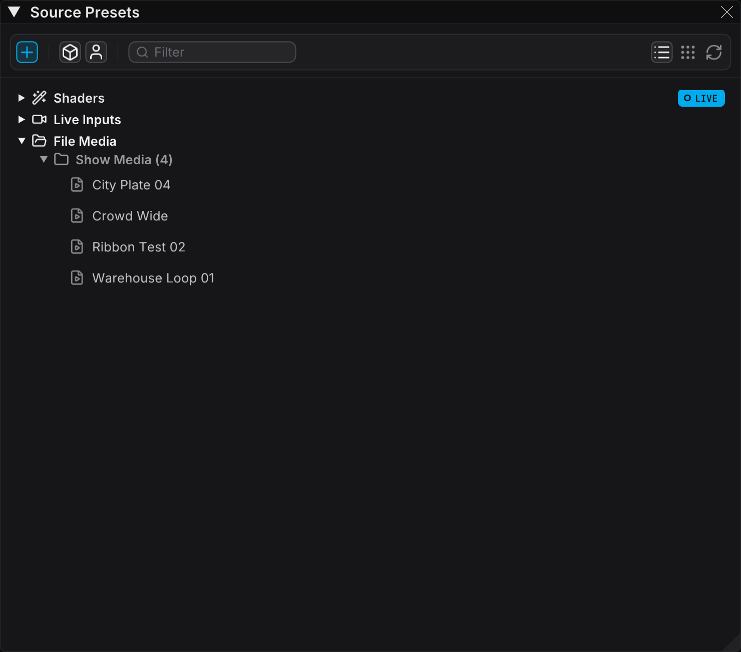 The Source Presets panel, where Live Inputs sits with the shaders and the file media