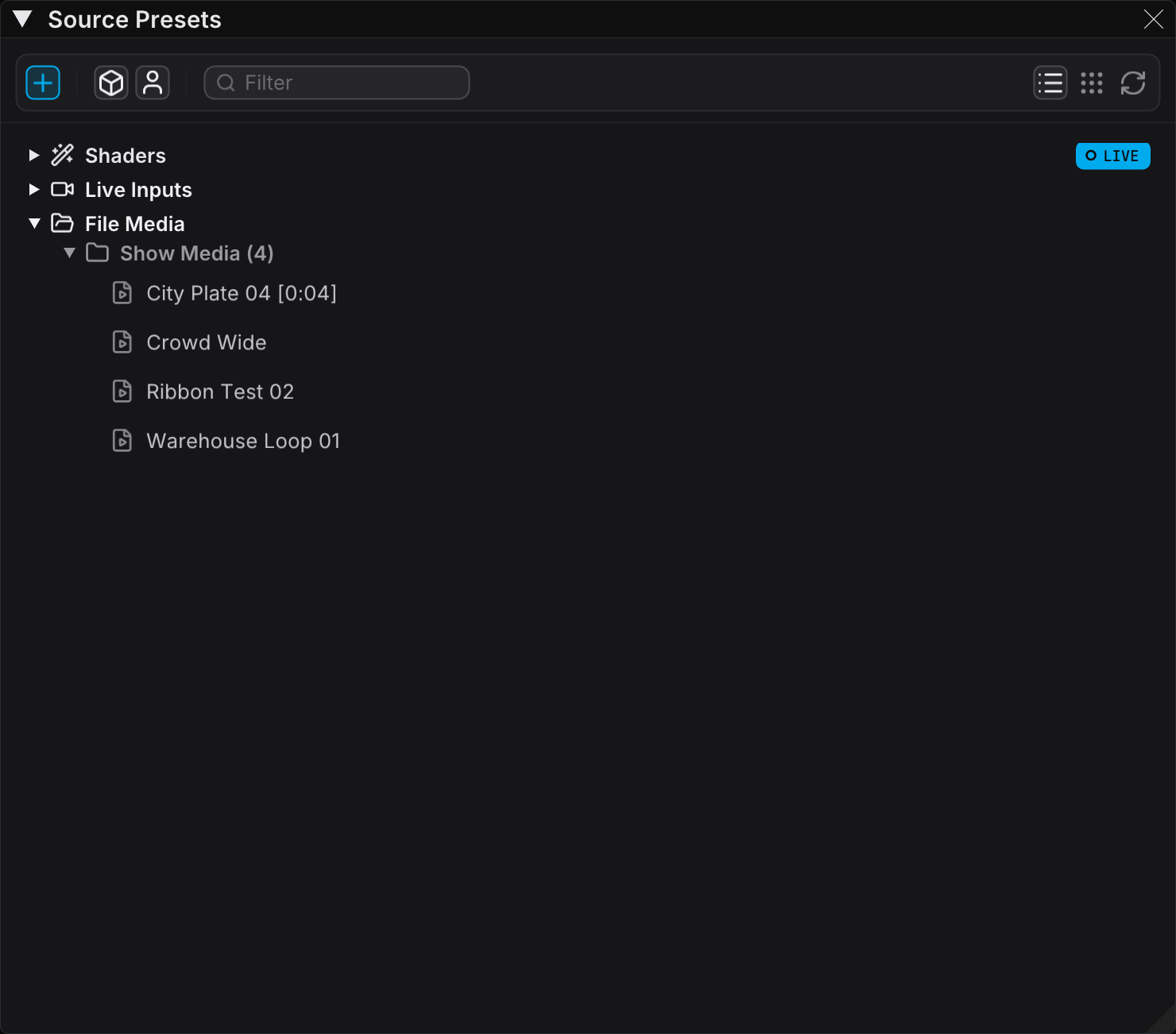 The Source Presets panel, where Live Inputs sits with the shaders and the file media