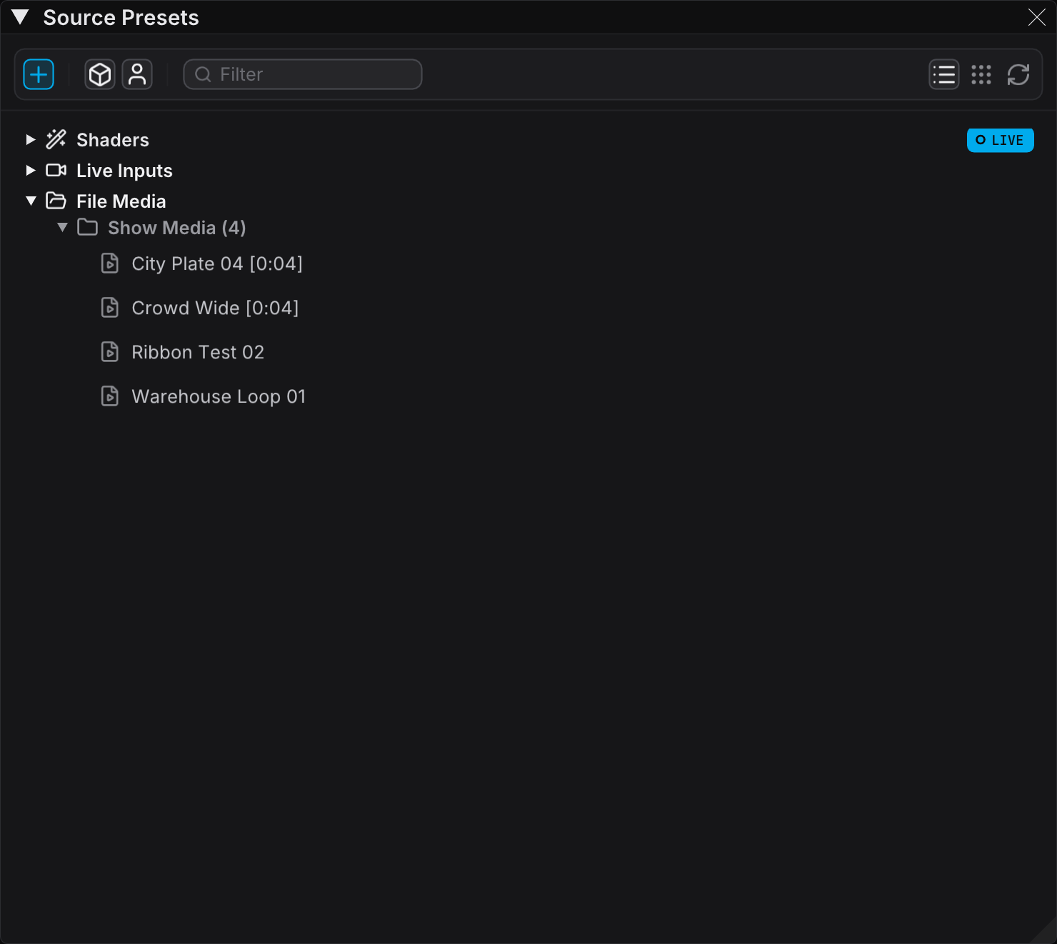 The Source Presets panel, where Live Inputs sits with the shaders and the file media