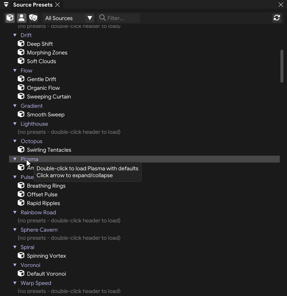 Source Presets panel