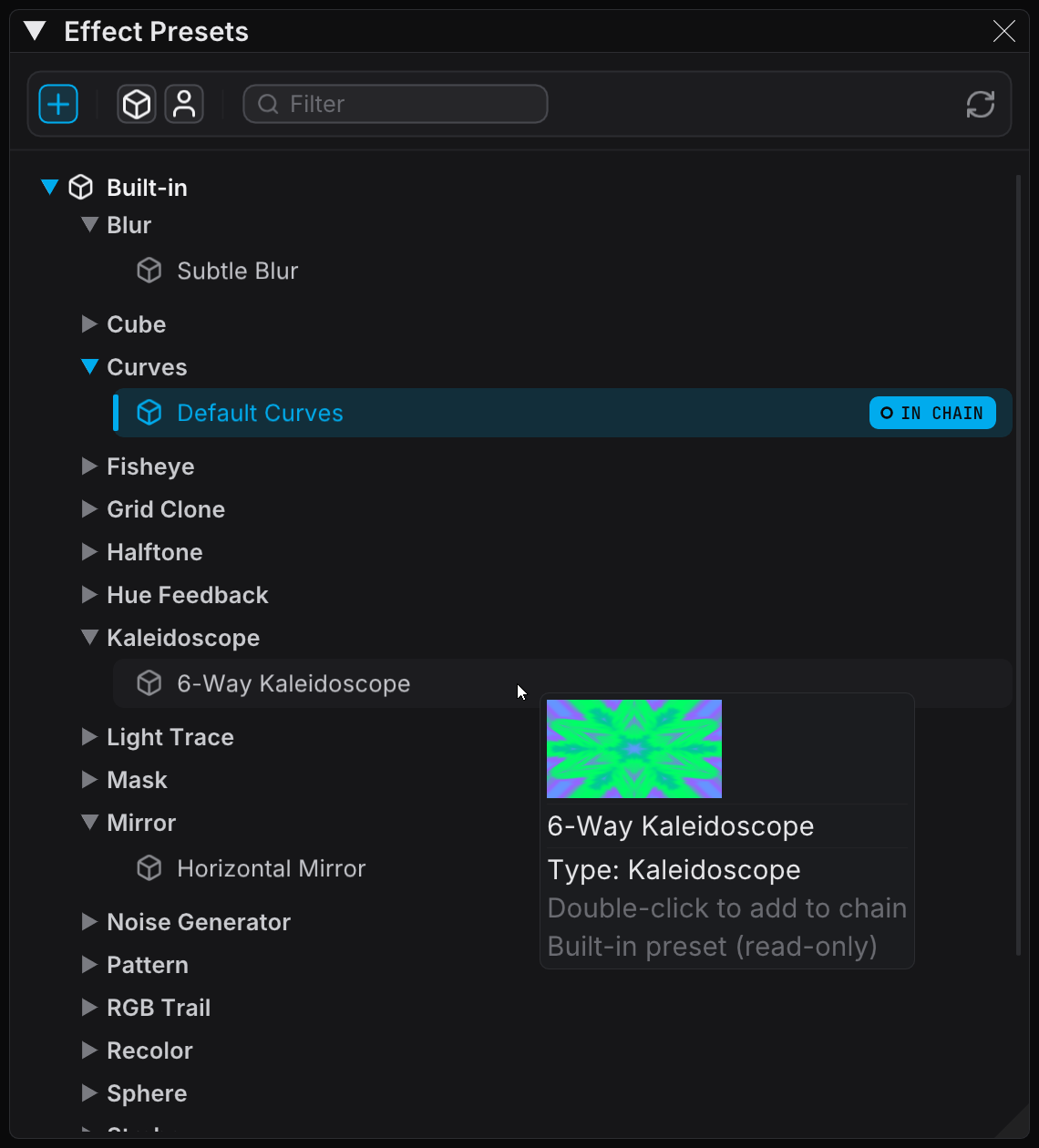 The Effect Presets panel with an effect hovered, showing the current canvas with that effect added