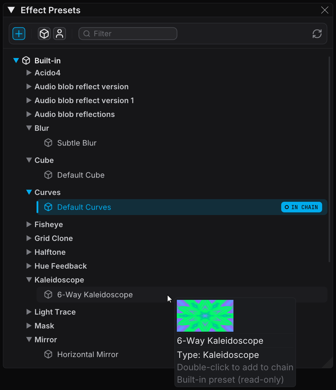 The Effect Presets panel with an effect hovered, showing the current canvas with that effect added