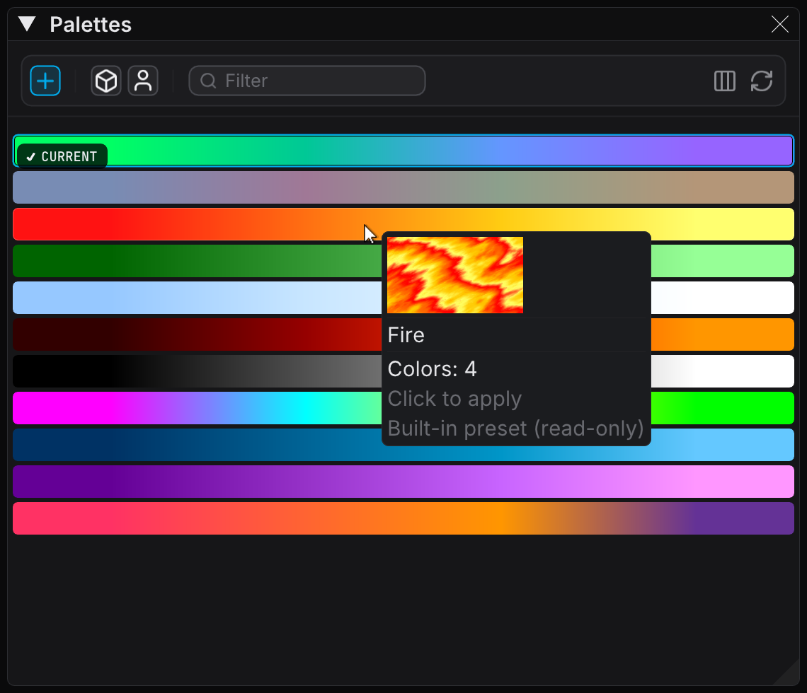 The Palettes panel with a palette hovered, showing the current source and effects in those colors