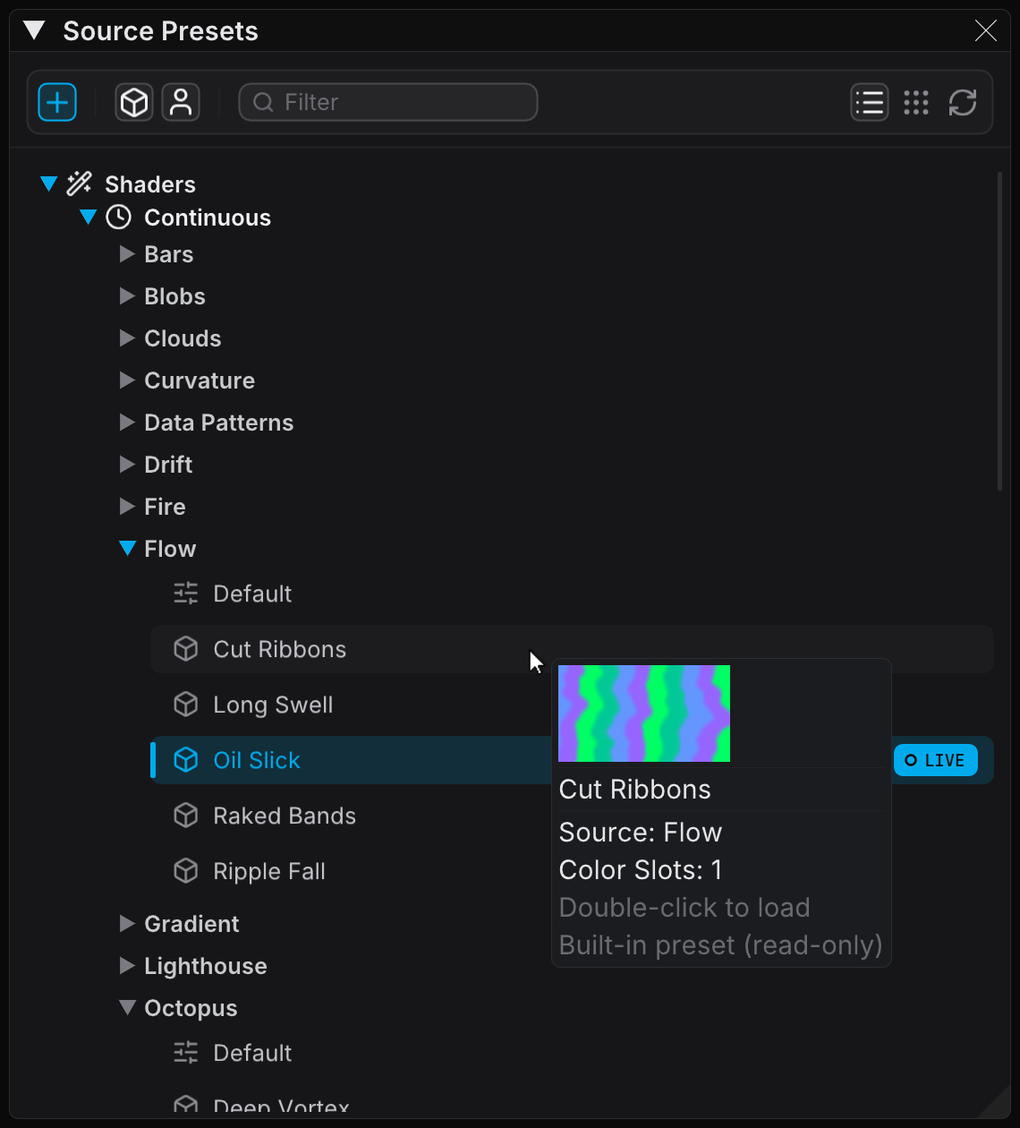 The Source Presets panel with a preset hovered, showing that source in the current palette and effects chain
